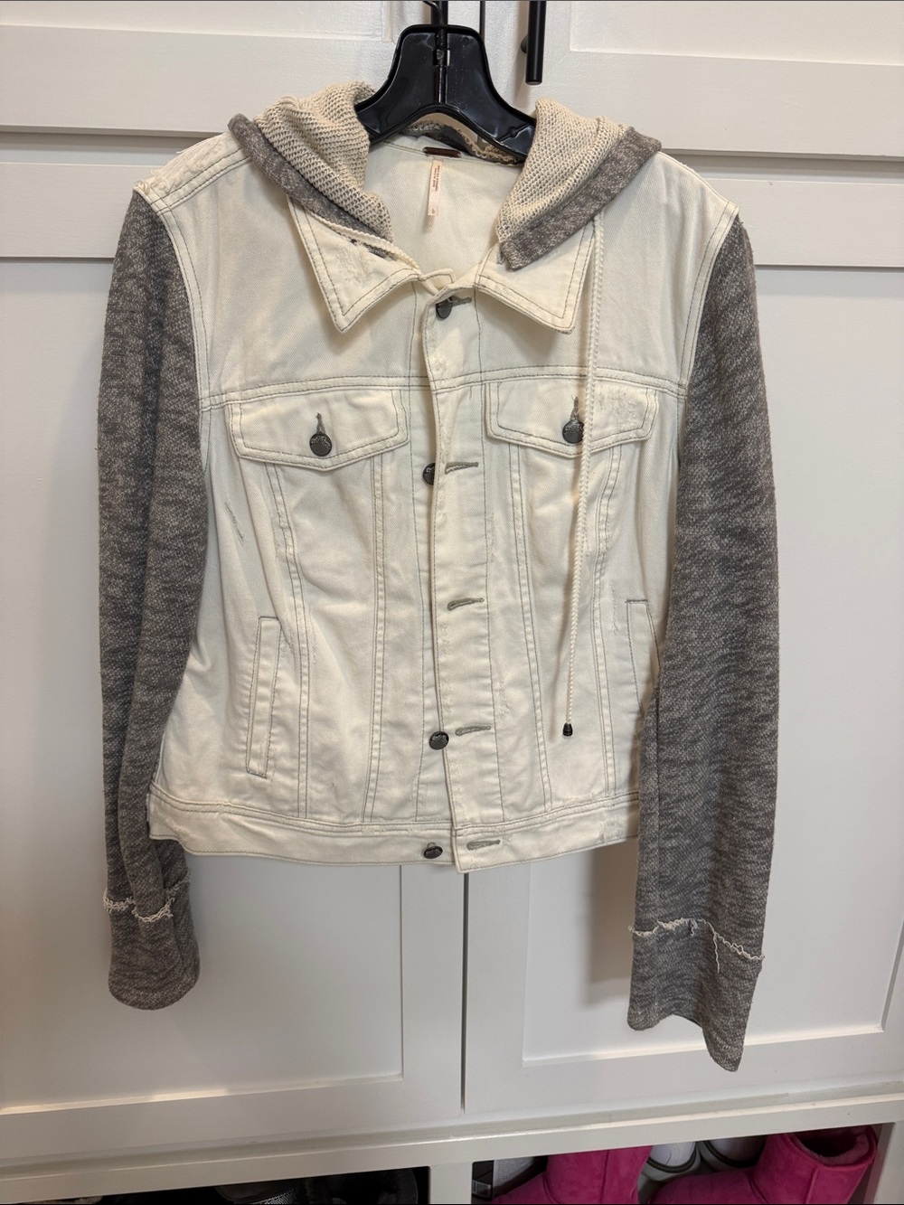 Free People Two-Tone Hooded Jean Jacket in Cream & Gray